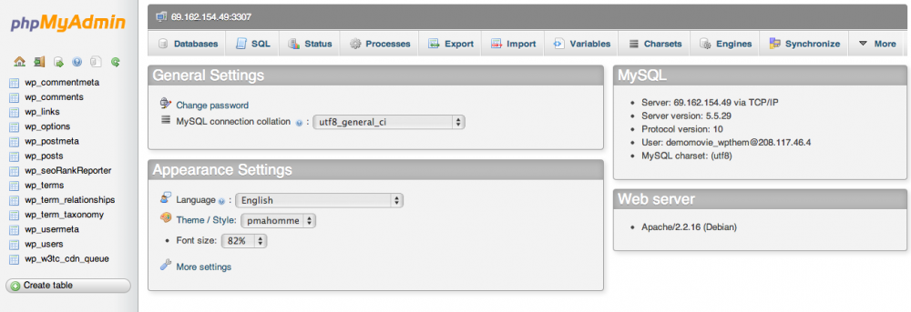 phpMyAdmin WordPress database index