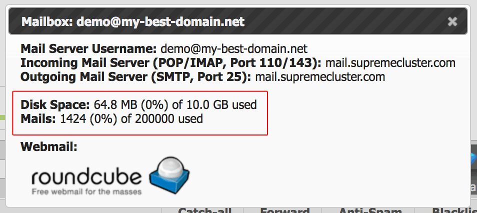 email disk size control panel